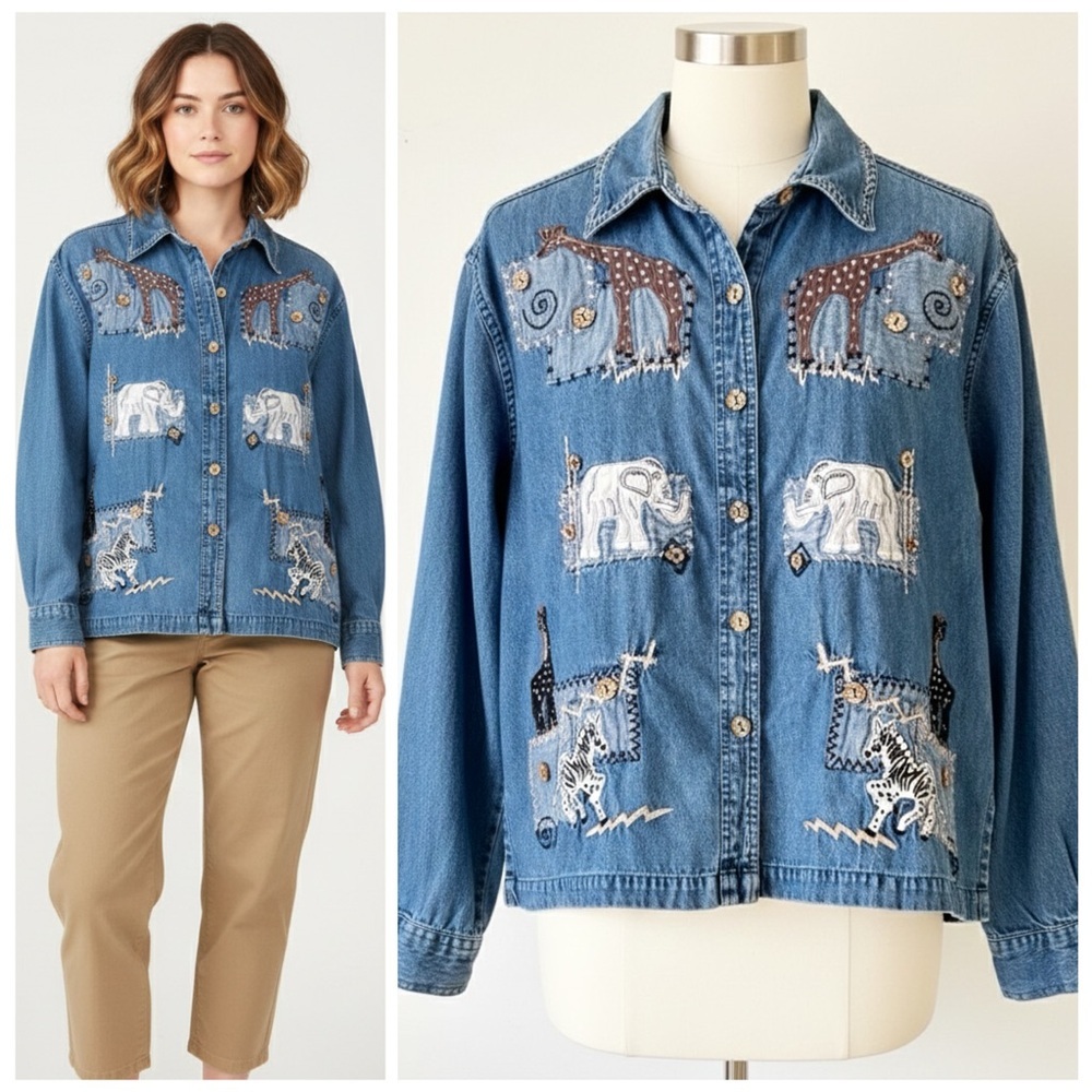VTG Denim Button Down Shirt Cotton Embroidered Safari Giraffe Elephant Zebra M - Picture 14 of 14